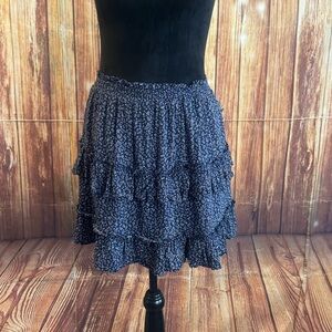 Böhme Women Navy Floral Elastic Waist Ruffle Boho Style Tiered Mini Skirt Small